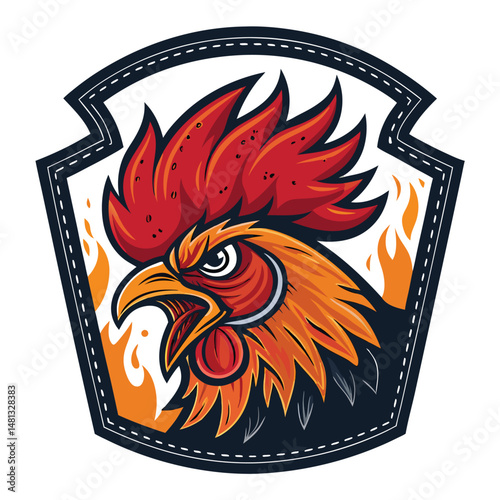Design a biker patch featuring a flaming rooster head, intensely detailed, within a classic biker patch frame.  The rooster must be vibrant and aggressive.