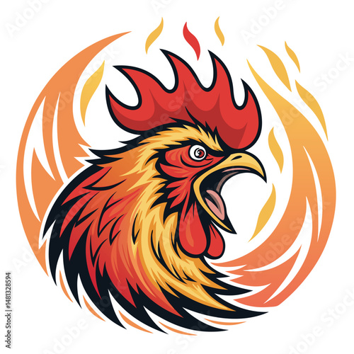 Fiery rooster head, engulfed in flames, roaring intensely within a blazing fireball; detailed, dramatic, mythical creature.