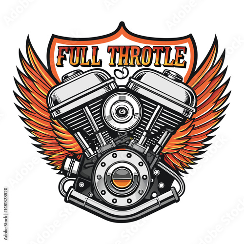 Render a fiery V-twin engine, realistically detailed, with attached, stylized wings, showcasing bold, powerful aesthetics.  Include intense flames.