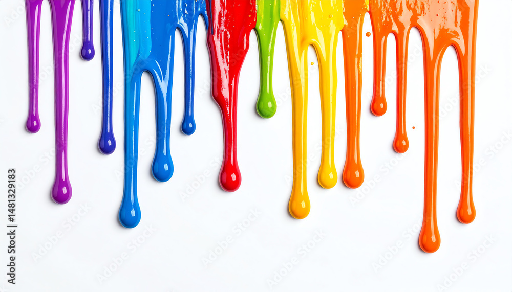 Naklejka premium Colorful paint drips in a vibrant spectrum, creating a lively and artistic display against a white background