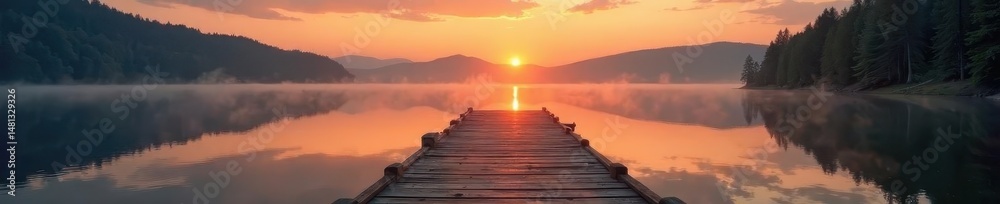 Fototapeta premium Enchanted sunrise bathes the lake in soft, warm light; weathered wooden jetty stretches towards the glowing horizon , ethereal, picturesque