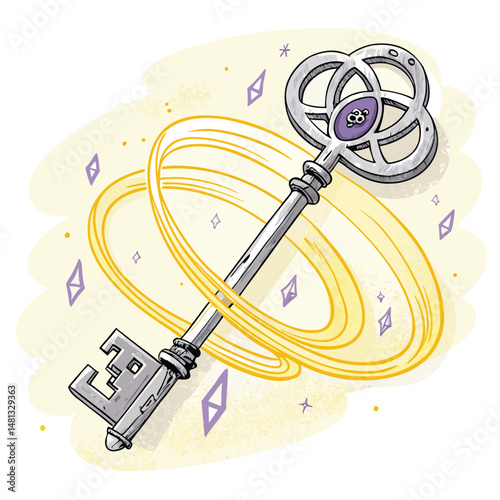 Render a detailed image of a mystical floating key, adorned with glowing runes and concentric energy rings, emitting ethereal light.