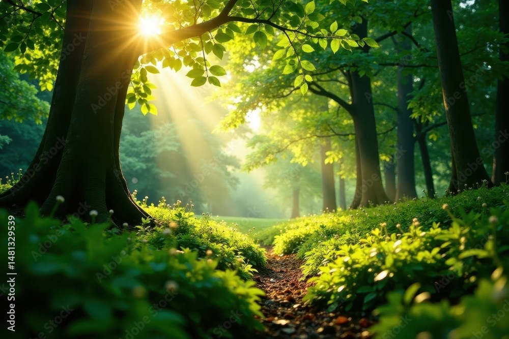 Obraz premium Golden sunlight streams through lush green canopy, dappling forest floor, leaves, trees