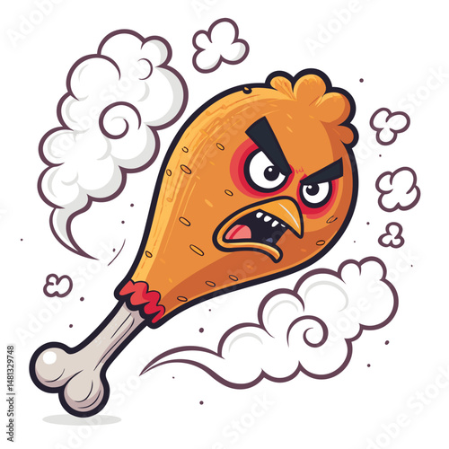 A crispy fried chicken drumstick with a cartoonishly angry face and graffiti-style markings on its skin.  Close-up shot, vibrant colors.