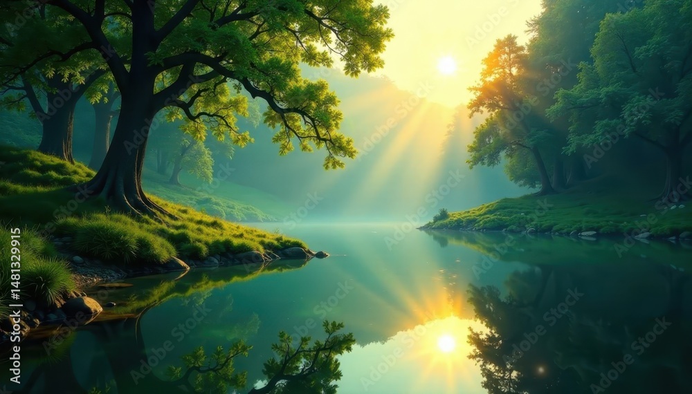 Fototapeta premium Sun-dappled lake, lush green forest, magical atmosphere, natural, lake