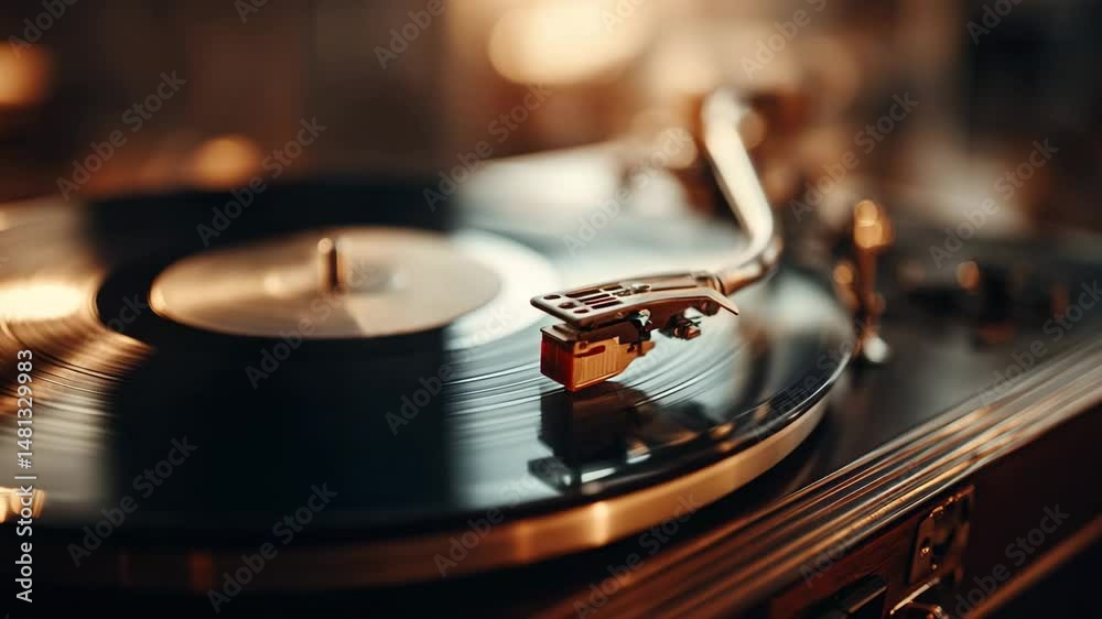 Close-up of a vinyl record being played on a retro-style turntable, with a tonearm gently tracing grooves under cozy golden lighting. Concept of nostalgia and analog music appreciation