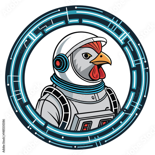 A cartoon chicken astronaut, wearing a helmet and spacesuit, floats serenely within a luminous, glowing ring of energy in outer space.