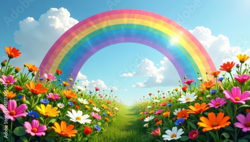 Vibrant rainbow arch over blooming wildflowers, vibrant, flora