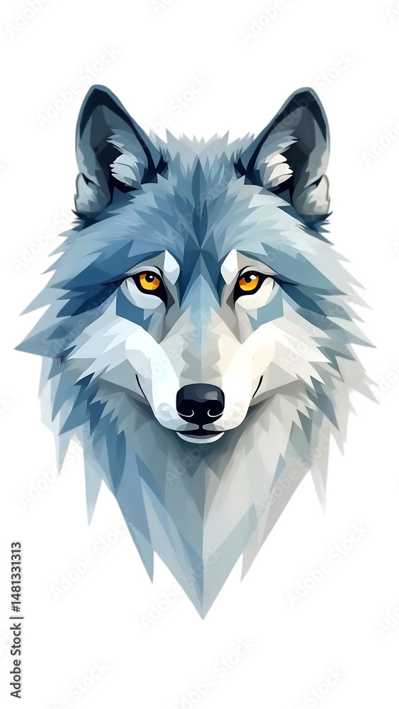 Naklejka premium A striking digital illustration of a white wolf's head with piercing yellow eyes set against a stark