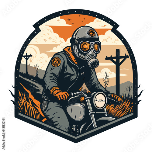 A lone biker, clad in leather and a gas mask, rides a powerful motorcycle through a desolate, post-apocalyptic wasteland.  Dust devils swirl.