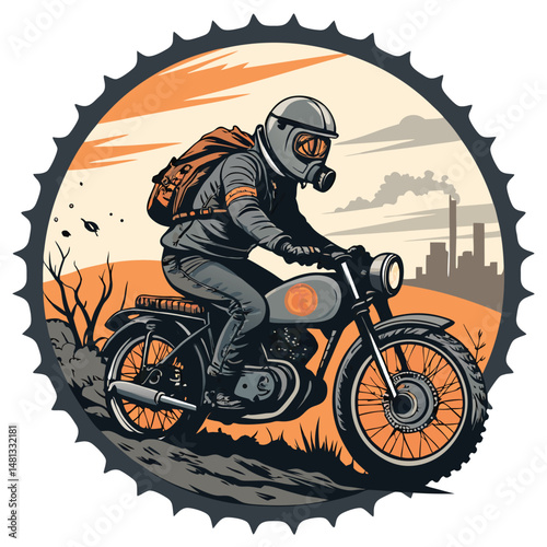 A lone biker, clad in leather and a gas mask, rides a heavily modified motorcycle through a desolate, apocalyptic wasteland.  Dust devils swirl around him.