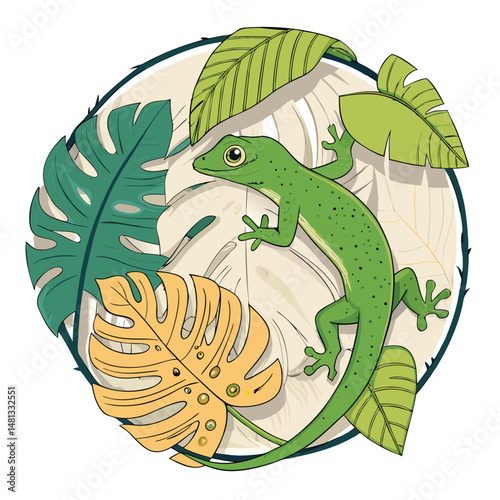 A vibrant green gecko clings precariously to a large, jungle leaf with a perfectly round hole torn in its center.  High-detail, realistic rendering.