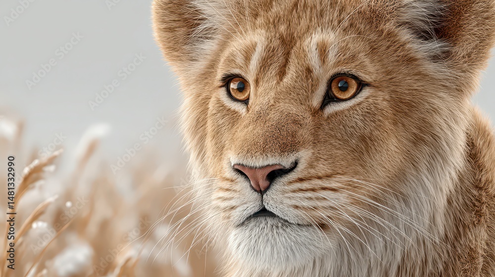 Fototapeta premium Majestic Lion Cub Portrait Wildlife Animal Fur Nature Closeup