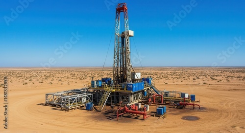 Aerial View of Oil Drilling Rig in Arid Landscape under Clear Blue Sky, Equipment, Machinery, Desert Environment, Industrial Operations
