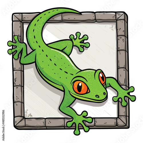 A vibrant green gecko with comically oversized, highly detailed adhesive feet slowly emerging from a dark crevice.  Focus on the texture of its skin and the suction cups on its feet.