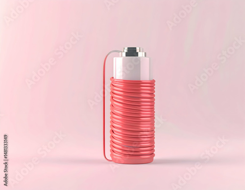 Conceptual Red Firefly Coil with Battery Icon in White Background Representing Electromagnetic Induction and Electric Circuit