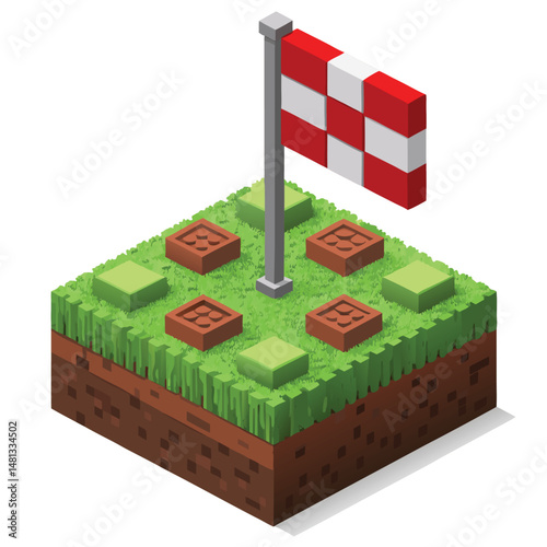 Pixel art rendering of a vibrant, glowing checkpoint flag firmly planted in a low-poly, blocky terrain.