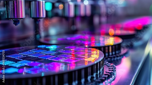 Close up of silicon wafers with robotic arms and colorful lights in a manufacturing environment