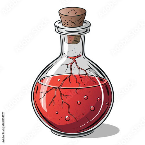 A cracked glass bottle, glowing crimson red from within, leaks a viscous health potion.  Dark cracks spiderweb across its surface.