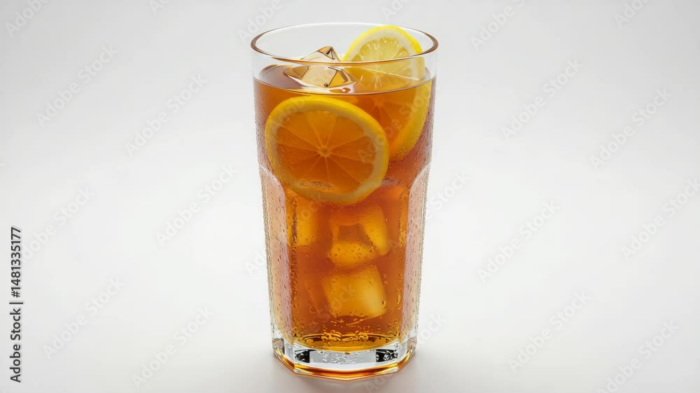A tall glass of iced tea with lemon slices and ice cubes on white background.