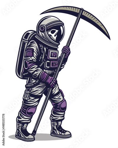 A dark, cosmic scene depicts a grim reaper astronaut, clad in a worn spacesuit, wielding a scythe-shaped life support unit.  The background is a nebula.