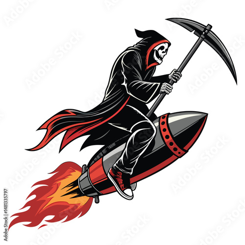 A Grim Reaper, cloaked and skeletal, rides a flaming rocket soaring through a dark, gothic sky.  Dark fantasy art style, detailed rendering.