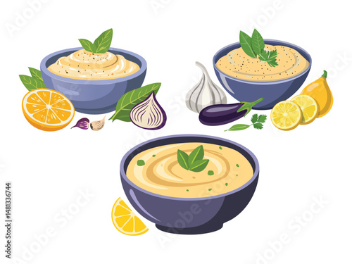 vector illustration of a lebanese food Mutabbal (Creamy Spicy Eggplant Dip with Garlic and Lemon)