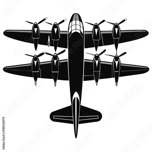 Black and White Illustration of a Vintage Airplane with Multiple Propellers
