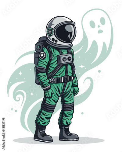 A spectral astronaut, shimmering with an ethereal ghostly aura, floats in the inky blackness of space, haunted expression visible.  Create a detailed, atmospheric illustration.