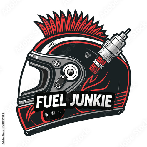 A biker helmet modified with realistic devil horns and a spark plug mohawk; gritty, dark, detailed, close-up.