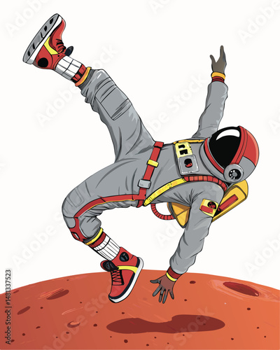 A futuristic illustration of a hip-hop astronaut in a gray spacesuit breakdancing on the Martian surface.  Emphasis on dynamic pose and red planet backdrop.