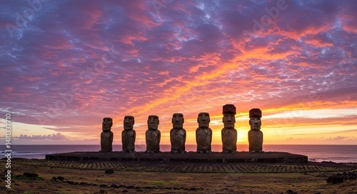 Sunrise over Moai statues