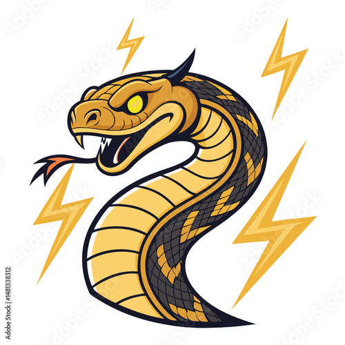 A horned viper, eyes glowing intensely, framed by dramatic lightning strikes, detailed scales, desert setting.