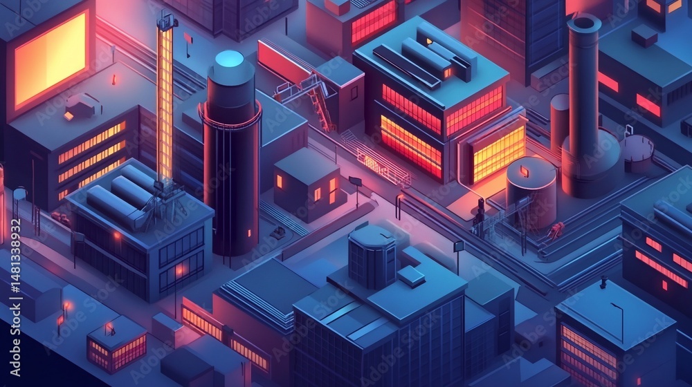 Isometric industrial cityscape illustration with glowing neon highlights Isometric industrial cityscape illustration with glowing neon highlights