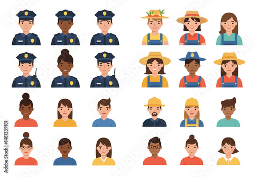 Diverse array of cartoon police officers and civilians portraits