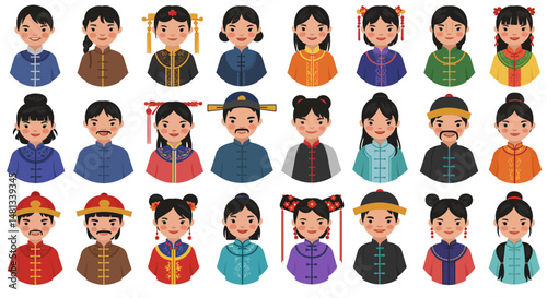 Diverse collection of stylized Chinese characters in traditional clothing