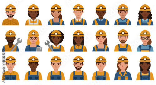 Diverse group of nine cartoon construction workers wearing hard hats