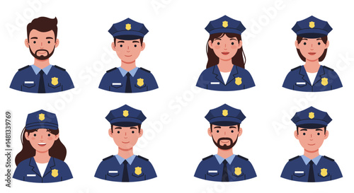 Four diverse cartoon police officers in blue uniforms with gold badges