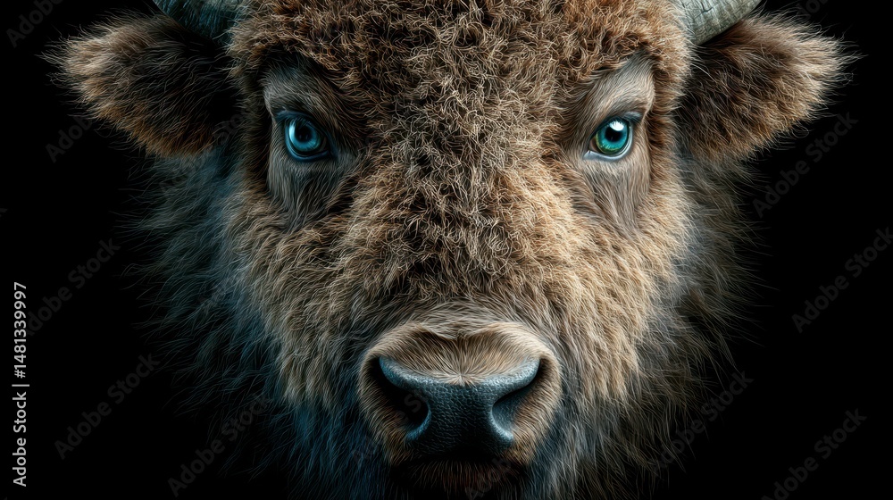 Fototapeta premium Majestic Bison Portrait Close up Wild Animal Nature Photography Detailed Fur Powerful