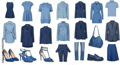 Assorted Blue Apparel Dresses Coats Blazers and High Heel Shoes Collection