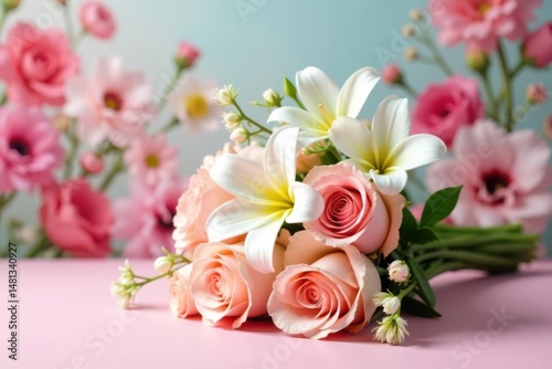 A delicate bouquet of pastel roses and lilies rests on a soft pink surface, surrounded by a blurred background of similar blossoms, creating a tranquil and romantic scene of springtime beauty.