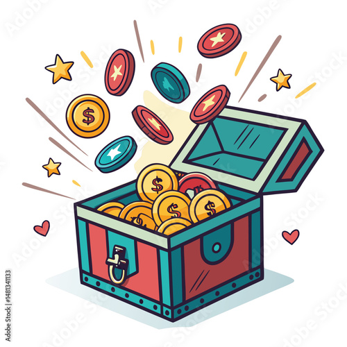 A vibrant loot box explodes, showering the viewer with glittering in-game currency coins and gems.  Focus on the dynamic action and rich colors.