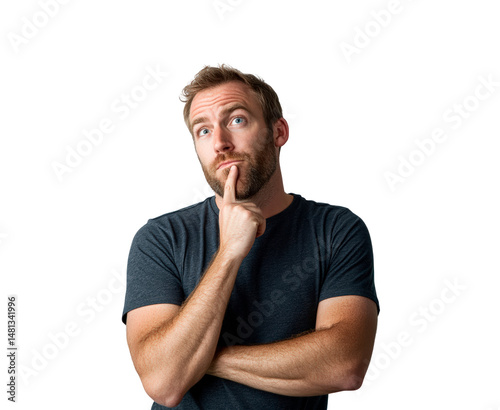 Man with Thinking and Confused Expression, Brainstorming Ideas and Questions, PNG
