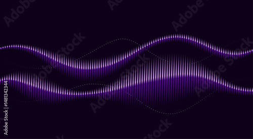 Abstract Aurora Borealis Light. Audio voice frequency wave and sound on night sky background. Neon purple soundwave art with vertical lines