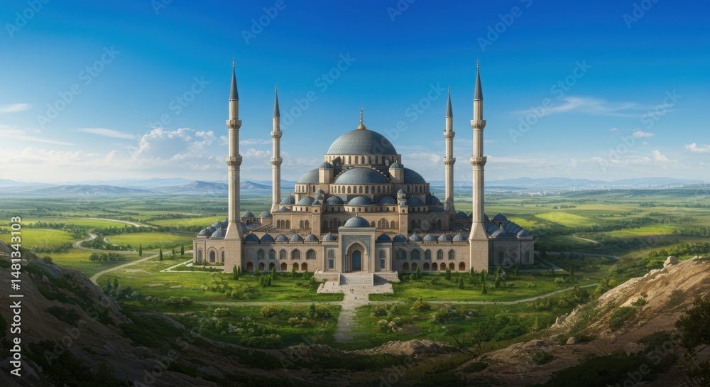 Naklejka premium Architectural marvel in green landscape