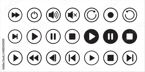 Media player icon set. Video and audio player buttons collection. Player interface.play, pause, stop, record, next track, back, previous, forward, and backward. vector illustration eps 10.