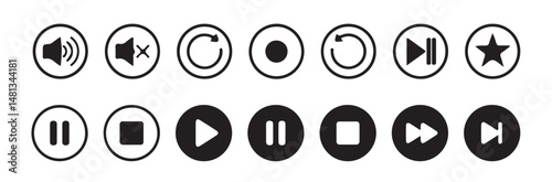 Media player icon set. Video and audio player buttons collection. Player interface.play, pause, stop, record, next track, back, previous, forward, and backward. vector illustration eps 10.