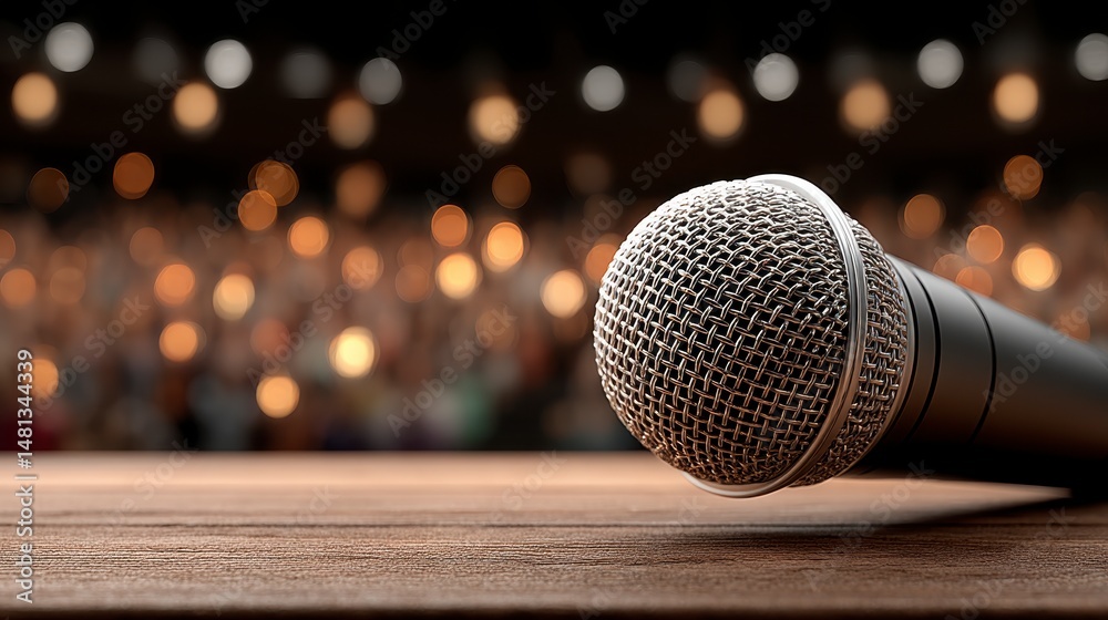 Obraz premium Stage Microphone Live Music Concert Performance Show Auditorium Wooden Table Spotlig