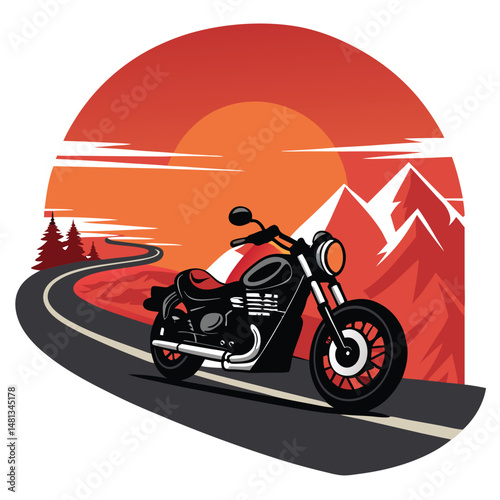A lone motorbike ascends a winding mountain road bathed in golden sunlight, showcasing breathtaking panoramic views.