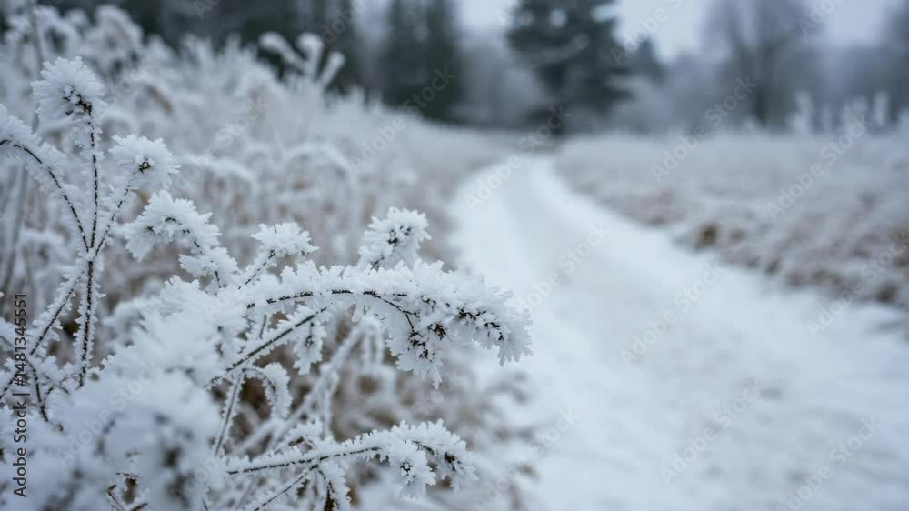 Frozen plants beside a snowy path in a serene, frost-covered winter scene. Frozen plants beside a snowy path in a serene, frost-covered winter scene.